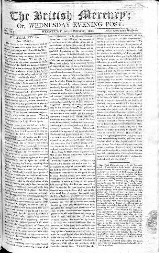 cover page of British Mercury or Wednesday Evening Post published on November 30, 1808