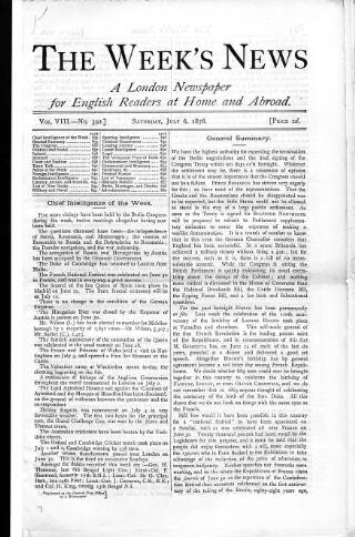cover page of Week's News (London) published on July 6, 1878