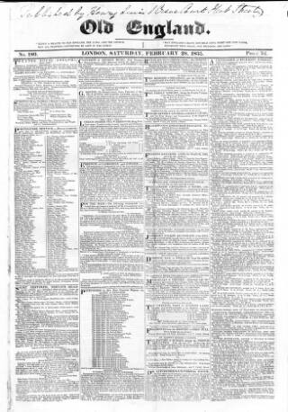 cover page of Old England published on February 28, 1835