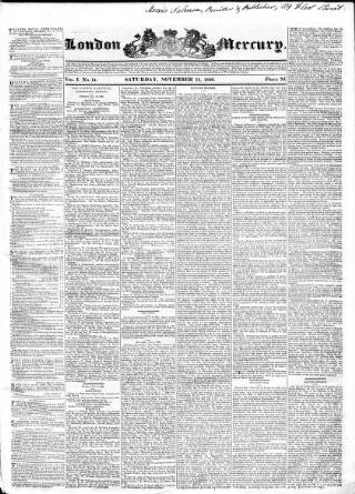 cover page of London Mercury published on November 11, 1826