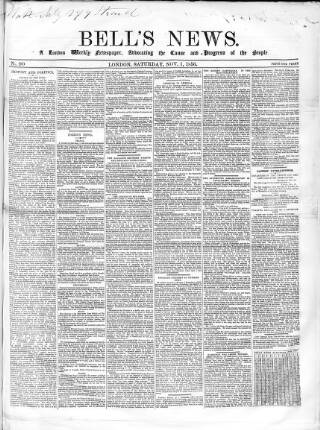 cover page of Bell's News published on November 1, 1856