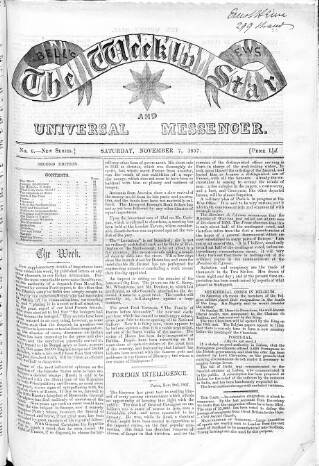 cover page of Weekly Star and Bell's News published on November 7, 1857