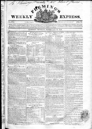 cover page of Fleming's Weekly Express published on February 12, 1826
