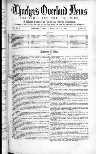 cover page of Thacker's Overland News for India and the Colonies published on February 28, 1860