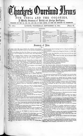 cover page of Thacker's Overland News for India and the Colonies published on September 18, 1861