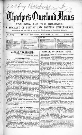 cover page of Thacker's Overland News for India and the Colonies published on November 26, 1863