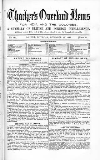 cover page of Thacker's Overland News for India and the Colonies published on December 26, 1863