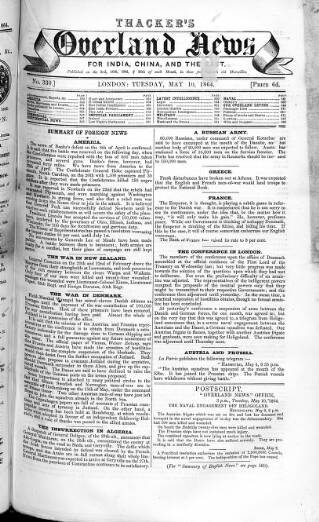 cover page of Thacker's Overland News for India and the Colonies published on May 10, 1864