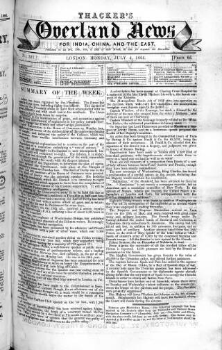 cover page of Thacker's Overland News for India and the Colonies published on July 4, 1864