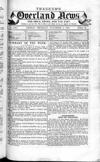 cover page of Thacker's Overland News for India and the Colonies published on November 3, 1864