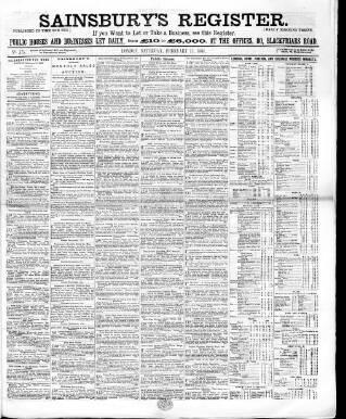 cover page of Sainsbury's Weekly Register and Advertising Journal published on February 13, 1864