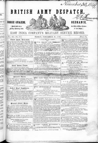 cover page of British Army Despatch published on November 30, 1849