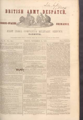 cover page of British Army Despatch published on November 15, 1850