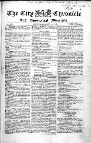 cover page of City Chronicle published on September 16, 1845