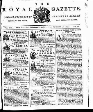 cover page of Royal Gazette of Jamaica published on November 15, 1794