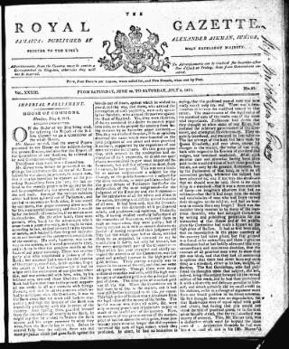 cover page of Royal Gazette of Jamaica published on July 6, 1811