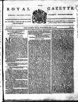cover page of Royal Gazette of Jamaica published on May 29, 1813