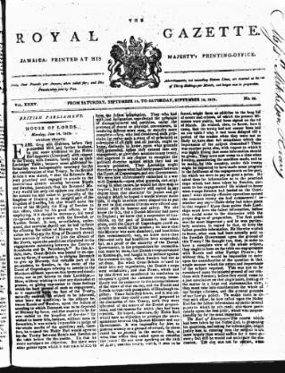 cover page of Royal Gazette of Jamaica published on September 18, 1813