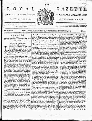 cover page of Royal Gazette of Jamaica published on November 30, 1816