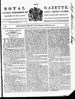 cover page of Royal Gazette of Jamaica published on February 28, 1818