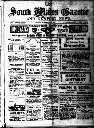 cover page of South Wales Gazette published on November 15, 1918