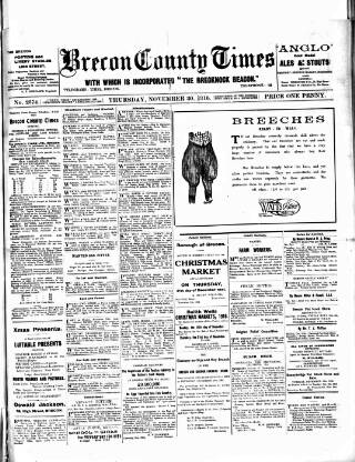 cover page of Brecon County Times published on November 30, 1916