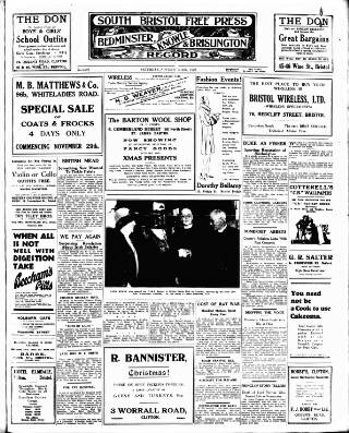 cover page of South Bristol Free Press and Bedminster, Knowle & Brislington Record published on November 30, 1929