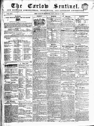 cover page of Carlow Sentinel published on September 18, 1852
