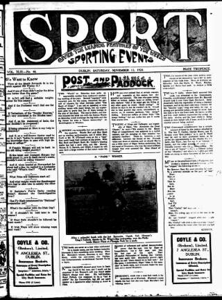 cover page of Sport (Dublin) published on November 15, 1924