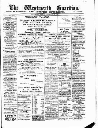 cover page of Westmeath Guardian and Longford News-Letter published on September 18, 1891