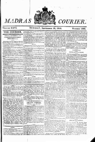 cover page of Madras Courier published on September 18, 1810