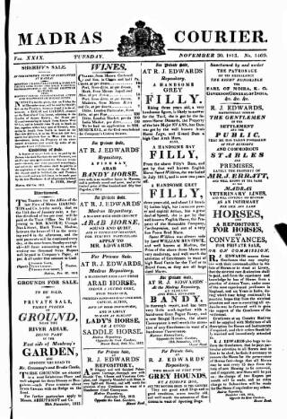 cover page of Madras Courier published on November 30, 1813