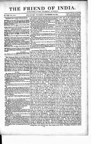cover page of Friend of India and Statesman published on November 30, 1854
