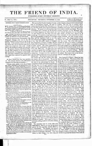 cover page of Friend of India and Statesman published on November 15, 1855