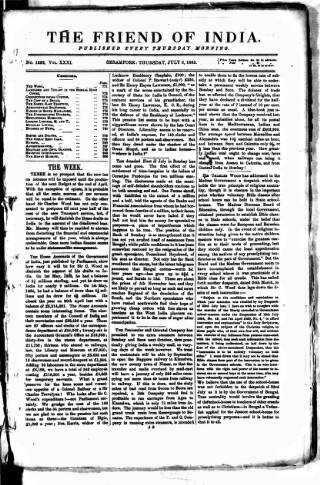 cover page of Friend of India and Statesman published on July 6, 1865
