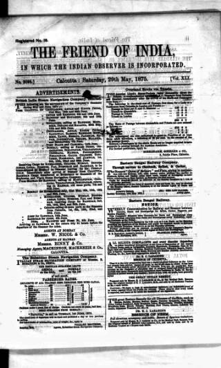 cover page of Friend of India and Statesman published on May 29, 1875