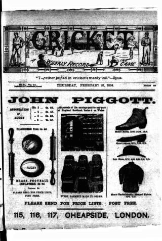 cover page of Cricket published on February 28, 1884