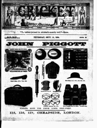 cover page of Cricket published on September 18, 1884