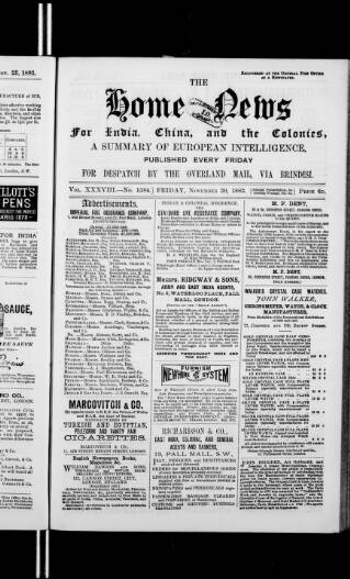 cover page of Home News for India, China and the Colonies published on November 30, 1883
