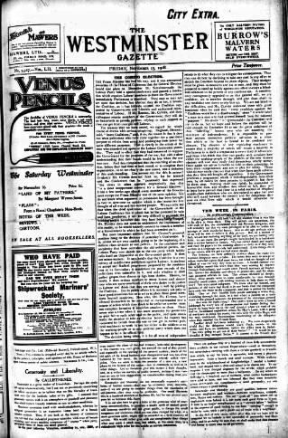 cover page of Westminster Gazette published on November 15, 1918