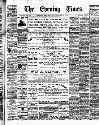 cover page of Hamilton Daily Times published on November 15, 1879