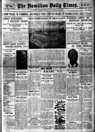 cover page of Hamilton Daily Times published on December 30, 1913