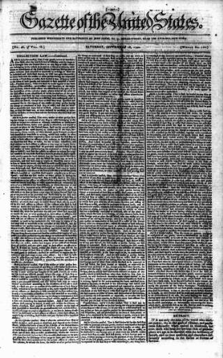 cover page of Gazette of the United States published on September 18, 1790