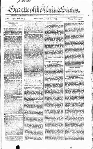 cover page of Gazette of the United States published on July 6, 1793