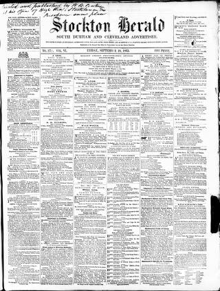 cover page of Stockton Herald, South Durham and Cleveland Advertiser published on September 18, 1863