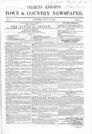cover page of Charles Knight's Town & Country Newspaper published on July 21, 1855