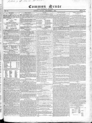 cover page of Common Sense published on December 4, 1825