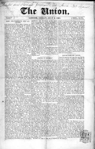 cover page of Union published on July 6, 1860