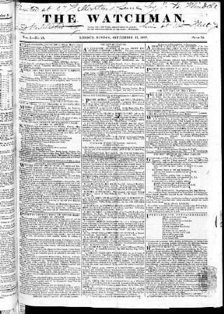 cover page of Watchman published on September 16, 1827
