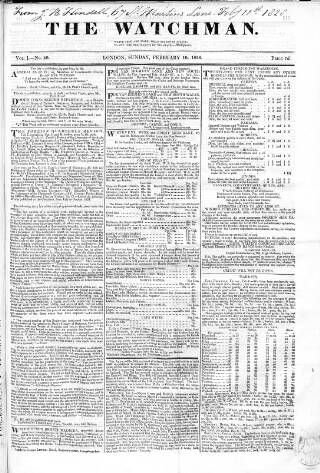 cover page of Watchman published on February 10, 1828